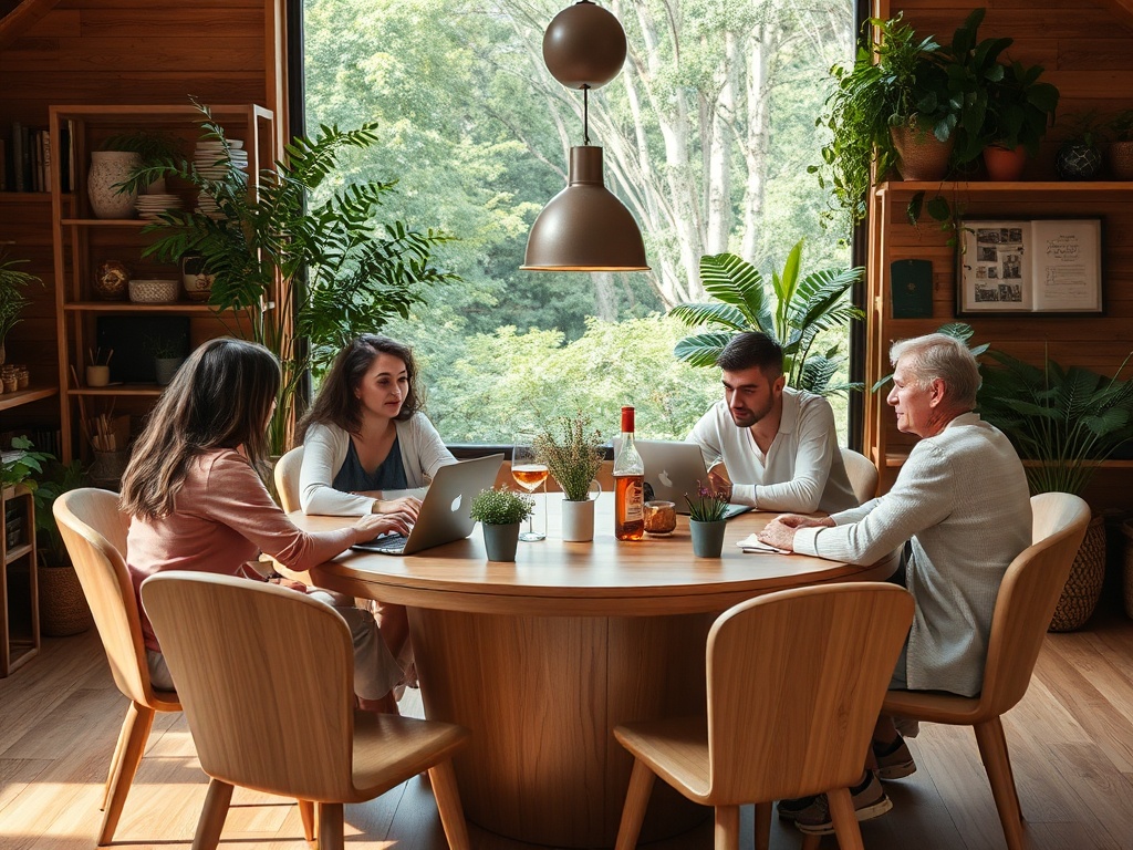На изображении группа людей работает за круглым столом в светлом помещении с зелеными растениями у окна.
