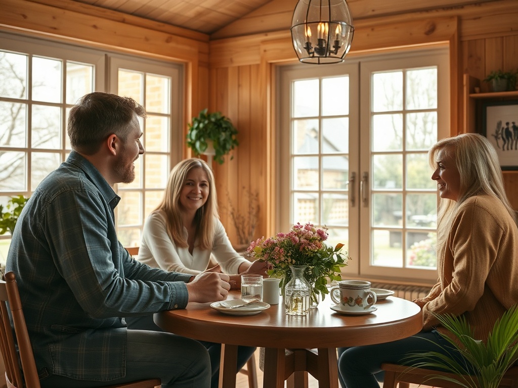 Трое людей сидят за круглым столом, беседуют и пьют чай в уютной комнате с большими окнами.