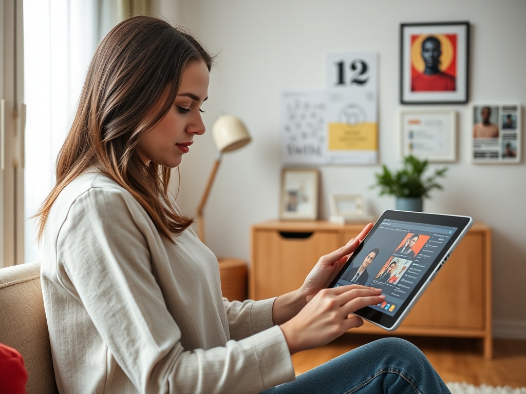 Женщина сидит на диване, использует планшет, в комнате виден декор и растения.