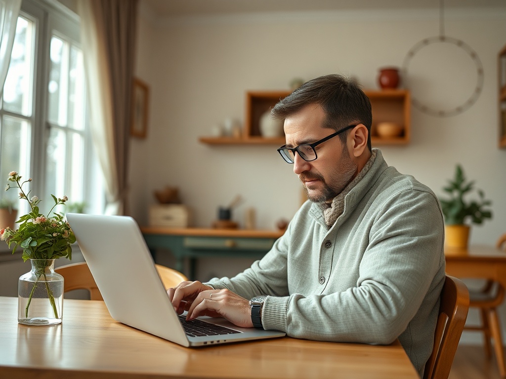 Мужчина сидит за столом, работает на ноутбуке, у него задумчивый вид, в комнате светло и уютно.