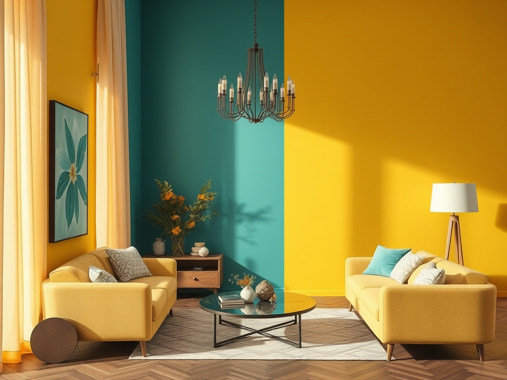 Современная гостиная с желтыми и голубыми стенами, мягкими диванами и стильной люстрой.