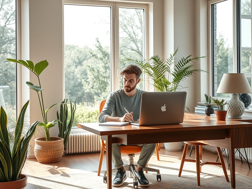 Парень пишет за столом в светлом офисе, окружённом зелёными растениями и большими окнами.