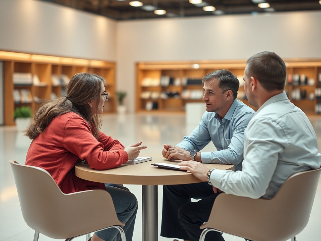 Трое людей обсуждают идеи за круглым столом в современном офисе с книжными полками на заднем плане.