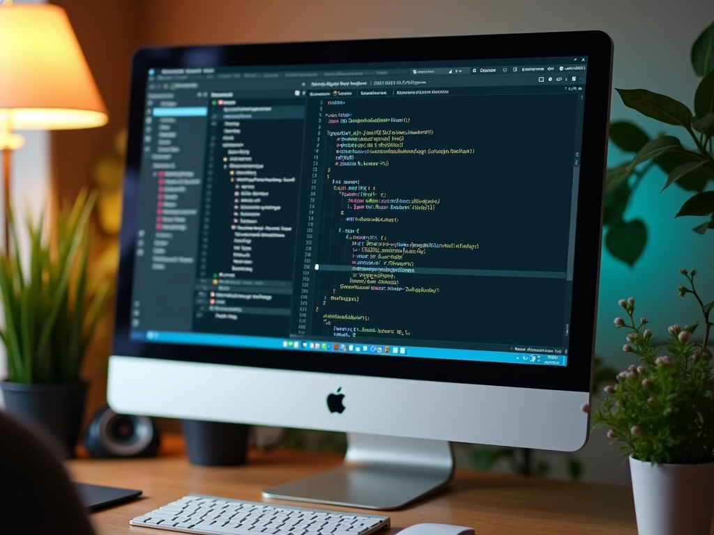 Компьютер Apple с открытым кодом программы на экране, стол с клавиатурой, лампой и растением.